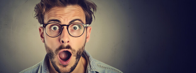Wall Mural - A man with glasses and a beard is making a surprised face. The image has a lighthearted and humorous mood. A Man with an Astonished Expression