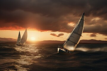 Wall Mural - two sailboats in the ocean at sunset