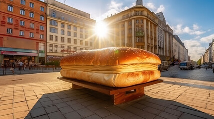 Wall Mural - Giant fresh sandwich with ham, cheese, tomatoes on street of city in rays of sun. AI generated.