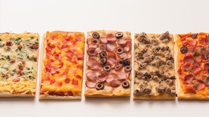 Wall Mural - Various pizzas in a row, on a white background. Traditional Italian cuisine. AI generated.