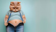 © jeepbabes - traurige, dicke, katze, guckt, blickt, auf, ihren, dicken, bauch, Bauchnabel, in, jeans, t-shirt, atelier, studio, tier, diät, gewicht, Futter, tier, cartoon, Jeanshose, hellblau, pastell, konzept, ad