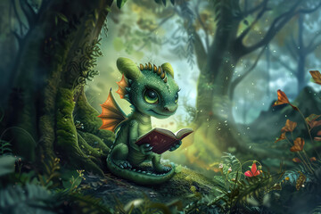 Wall Mural - cute baby dragon reading a book in a magical fantasy forest, colorful art