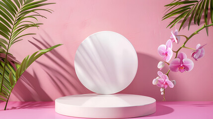 Fototapete - Pink gift box with gold ribbon and balloon hearts on pastel pink background.by Generative AI,3d render of pink podium for product display with crown and bubbles
