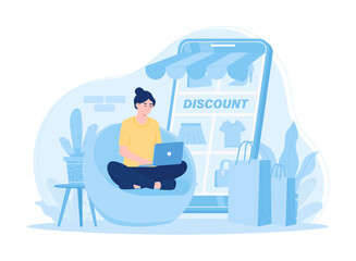 Canvas Print - Girl sitting with laptop shopping online via smartphone concept flat illustration