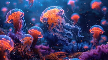 Macro, glowing jellyfish in deep sea, whimsical colors 