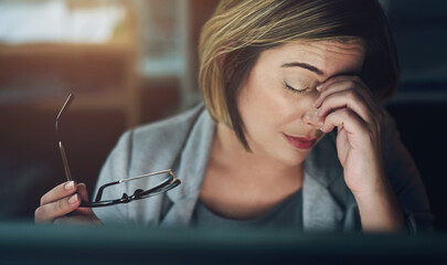 Poster - Glasses, headache and stress with business woman in office at night for compliance or deadline. Burnout, eye strain and tired with professional employee in workplace for evening problem solving
