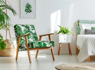 Green armchair near bed with print and wooden headboard in the style of white bedroom 