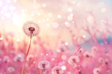 Wall Mural - Generative AI Image of Beautiful Dandelion Flower in the Park with Bokeh Lights on Pink Sky Background