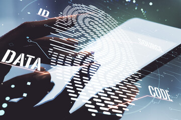Aufkleber - Multi exposure of abstract fingerprint scan interface and hand working with a digital tablet on background, digital access concept