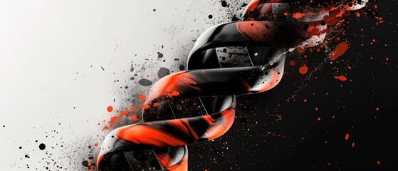 Black red glossy helix on white black background with orange splashes, movement vibrant shape