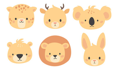 Wall Mural - Set of vector cute animal faces. Leopard, lion, bear and deer koala hare. Illustrations in children's style on white background . Vector illustration