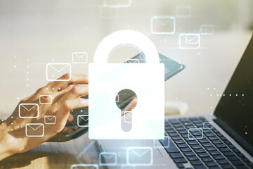 Poster - Creative light lock illustration with postal envelopes and finger presses on a digital tablet on background, cyber security and email protection concept. Multiexposure