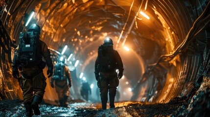 Futuristic Soldiers Patrolling a Sci-Fi Tunnel Environment