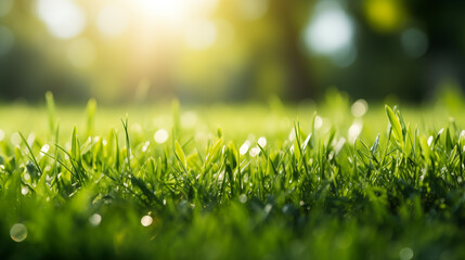 Wall Mural - A fresh spring sunny garden background of green grass and blurred foliage bokeh.