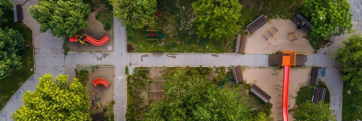 Wall Mural - A drone captures a picturesque aerial view of a park, showcasing benches, trees, and a playground area. The image provides a peaceful and serene perspective of this urban oasis