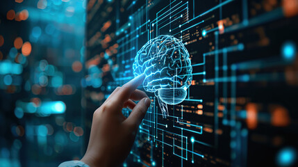 Artificial Intelligence and medical science concept, hand touching digital brain hologram on modern computer screen with data and code background
