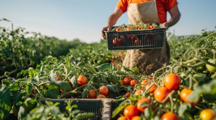 Wall Mural - The farmer harvesting tomatoes