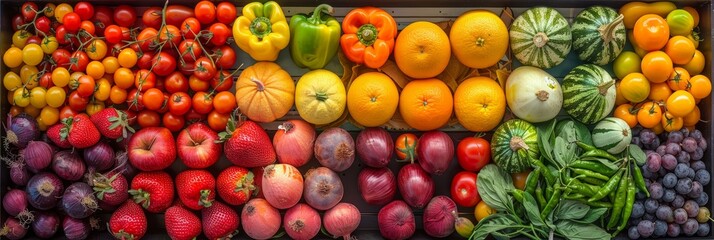 Wall Mural - A close-up of a colorful display of fresh fruits and vegetables arranged at a farmers market stall