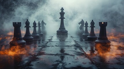 Chess queen triumphs over king amidst pieces, smoky battlefield, dark backdrop; symbolizing aggression, success, competition.
