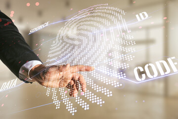 Aufkleber - Multi exposure of programmer's hand working with virtual abstract fingerprint illustration on blurred office background, digital access concept