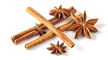 Poster - Aromatic spices with Cinnamon Sticks and Star Anise on a white background. Perfect for culinary. High-quality food imagery. AI