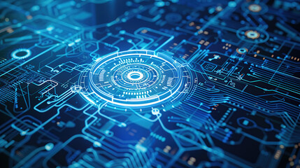 Blue digital technology background with mechanical elements and circuit board