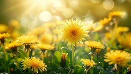 Poster - warm summer or spring on meadow in sunlight, macro, beautiful flowers of yellow dandelions in nature. Dreamy artistic image of beauty of nature, soft focus