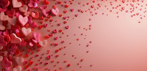 Wall Mural - Pink and Red Hearts Scattered on a Soft Pink Background