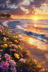Wall Mural - Pink Flowers Blooming at Sunset Over the Ocean