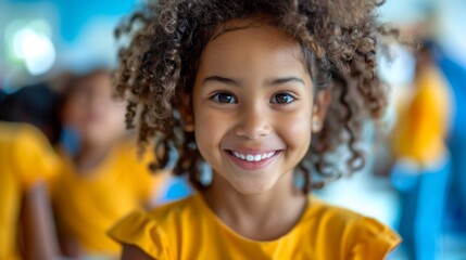 Poster - A close up of a young girl with curly hair smiling, AI