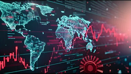 Aufkleber - The world's business statistics charts in the background. Pandemic, covid epidemic graph, stock market statistics, global crisis, Coronavirus world diagram in abstract overlaid 3D rendering.