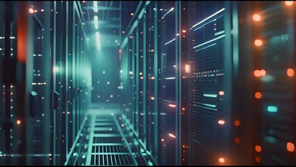 Aufkleber - Within the data center's server room, fiber optic cables carry data from the network to the data servers behind glass panels. High-speed digital lines connect the servers to the network.