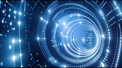Aufkleber - This high quality animation shows a blue color digital circle tunnel of cyberspace with particles and lighting, technology network connections abstract background concept.