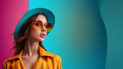 A woman wearing a yellow jacket and sunglasses is standing in front of a blue background. Concept of style and confidence, as the woman is dressed in fashionable attire and poses for the camera