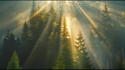 Aufkleber - A spruce forest flooded with sunlight. The sun shining through trees in the mountains. Natural beauty.