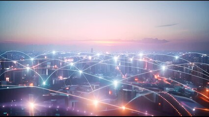 Poster - Digital smart city with connection networks that reciprocate throughout the cityscape. Concept for the future smart wireless digital city and social media network system that connects people.