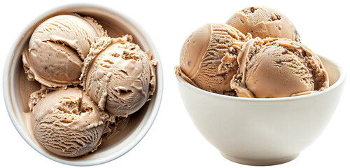 Wall Mural - Three scoops of brown coffee ice cream in a white bowl, side and top view, food bundle isolated on a transparent background