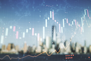 Poster - Abstract creative financial graph interface and world map on blurry skyline background, forex and investment concept. Multiexposure