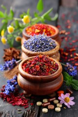 Canvas Print - Three bowls of different colored herbs and flowers on a table, AI