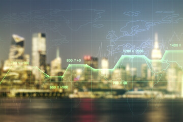 Poster - Multi exposure of abstract virtual graphic data spreadsheet sketch on blurry skyscrapers background, analytics and analysis concept
