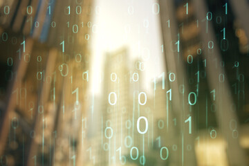 Aufkleber - Double exposure of abstract virtual binary code hologram on modern skyscrapers background. Database and programming concept