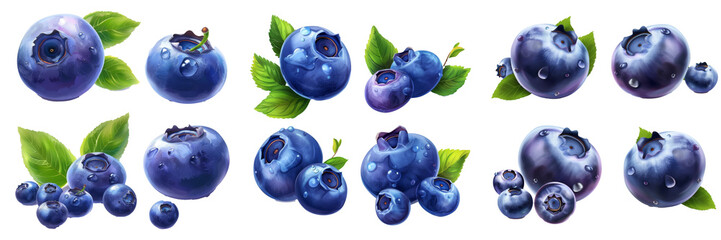 Poster - Isolated blueberry berries on white background. Collection.