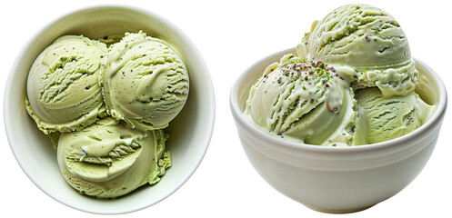 Wall Mural - Set of two bowls with green pistachio ice cream isolated on a white background, side and top view