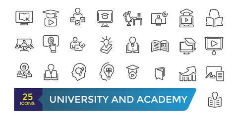 Wall Mural - University and Academy icon set. School logo design badge. University emblem template. Collection and pack of linear web and ui icons. Editable stroke. Vector illustration