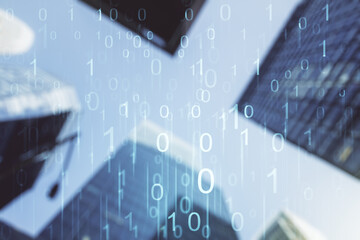 Aufkleber - Double exposure of abstract virtual binary code hologram on modern skyscrapers background. Database and programming concept