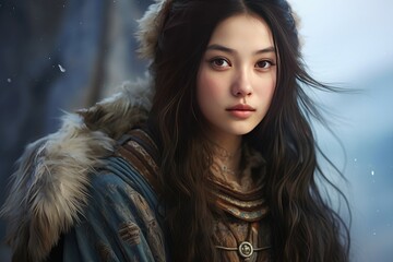 Close-up of a beautiful young lady with a fur hood, evoking a sense of winter wonder