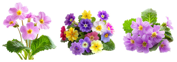 Poster - Stunning white background with spring primula flowers.