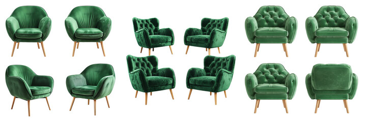 Poster - The green velvet fabric armchair set on wood legs is isolated on a white background.