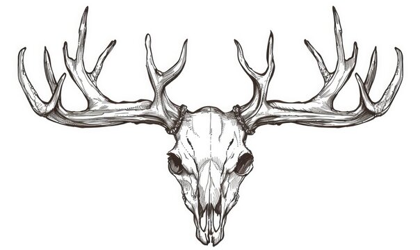 line art design of a deer skull with antlers on white background