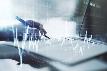 Poster - Multi exposure of abstract creative financial graph with hand writing in notepad on background, forex and investment concept